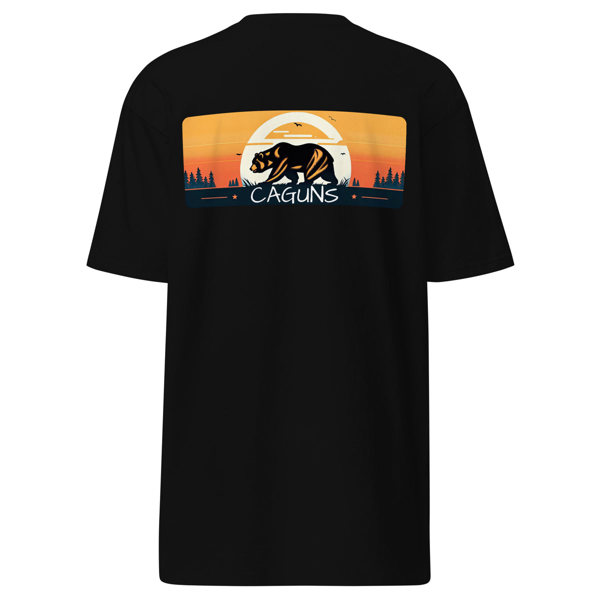CAGuns Bear Heavyweight Tee in Black, back view with CAGUNS sunset bear panel