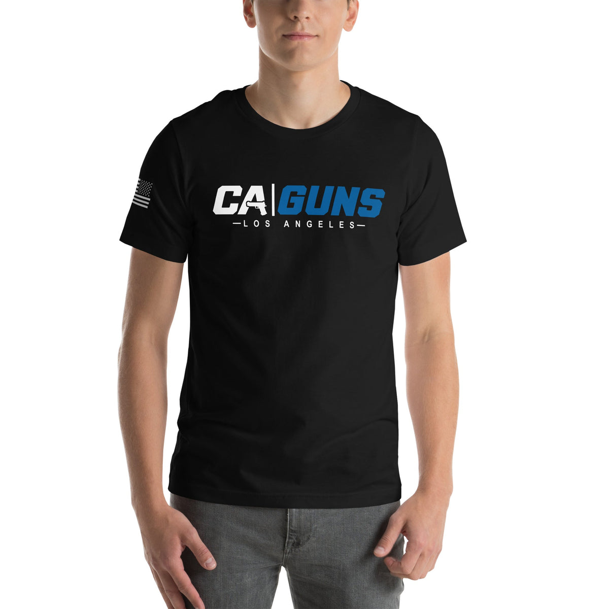 Model wearing the CAGuns Los Angeles Regional Tee with logo placement matched to the Taping Tee