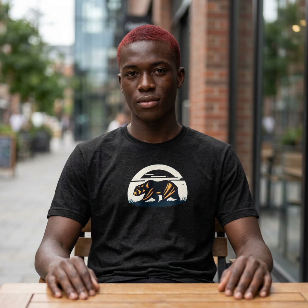 California Bear Tee in Black Heather worn by a model seated outdoors