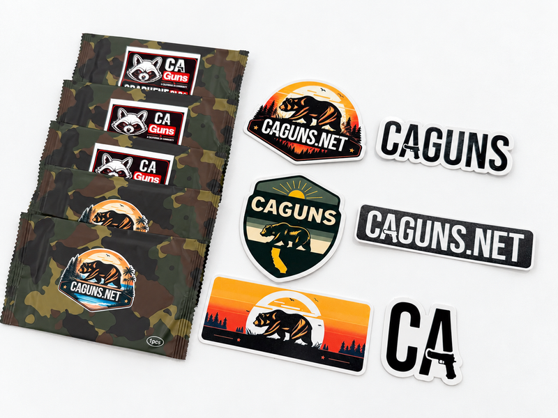 Angled view of five CAGuns CLP wipe packets and sticker pack; one bonus wipe also included