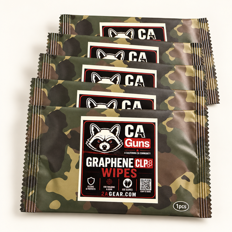 Five individually wrapped CAGuns graphene CLP wipes with raccoon labels on a light studio background