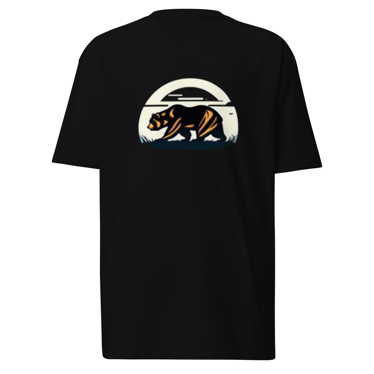 CAGuns Bear Heavyweight Tee in Black, front view with sunset bear badge