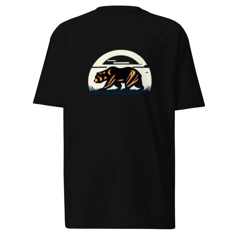 CAGuns Bear Heavyweight Tee in Black, front view with sunset bear badge