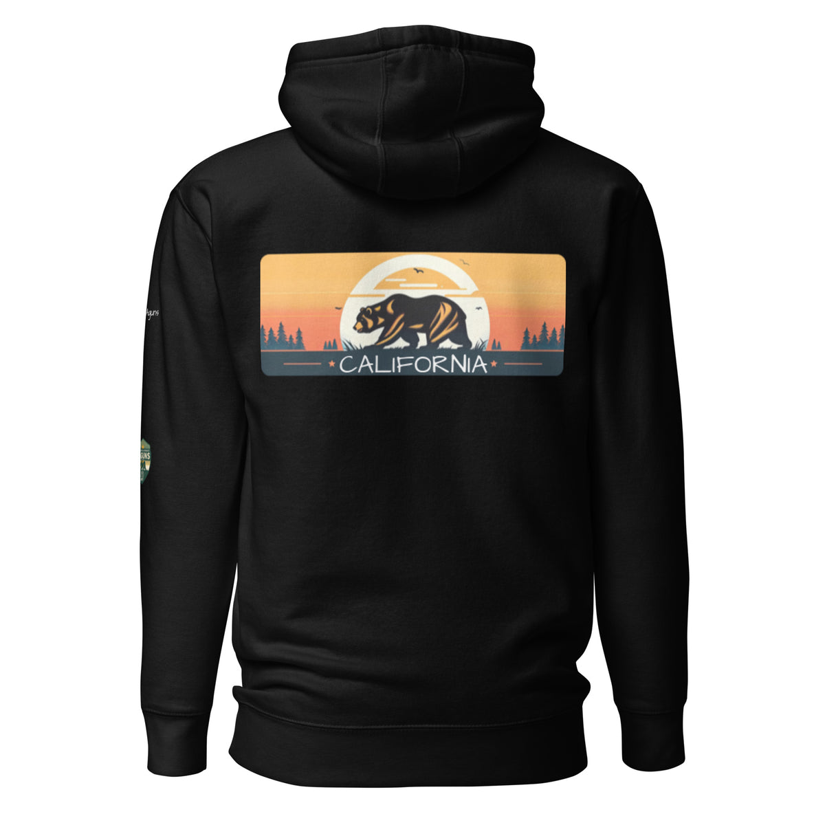 California Bear Hoodie in Black, back view with California sunset bear panel
