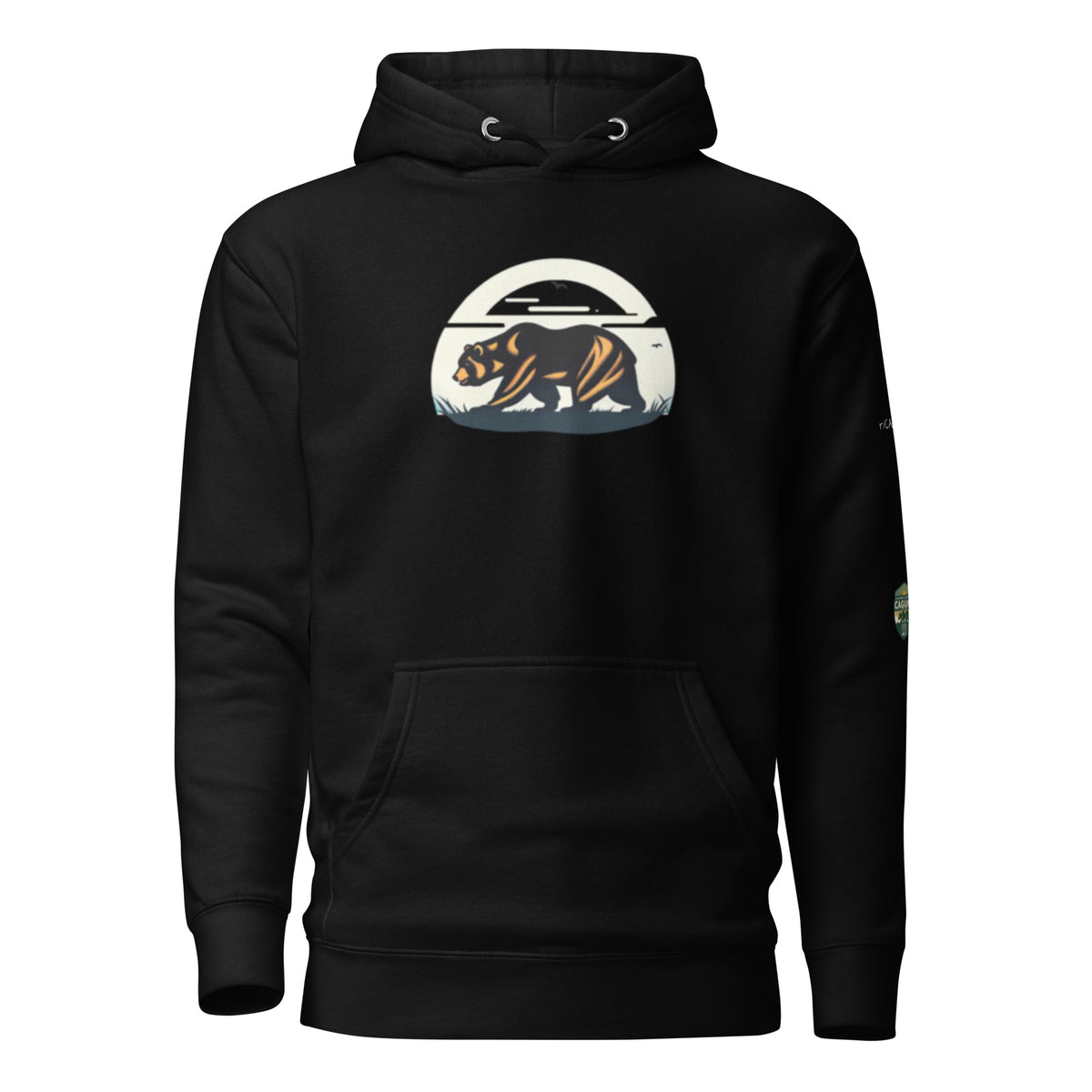 California Bear Hoodie in Black, front view with sunset bear badge