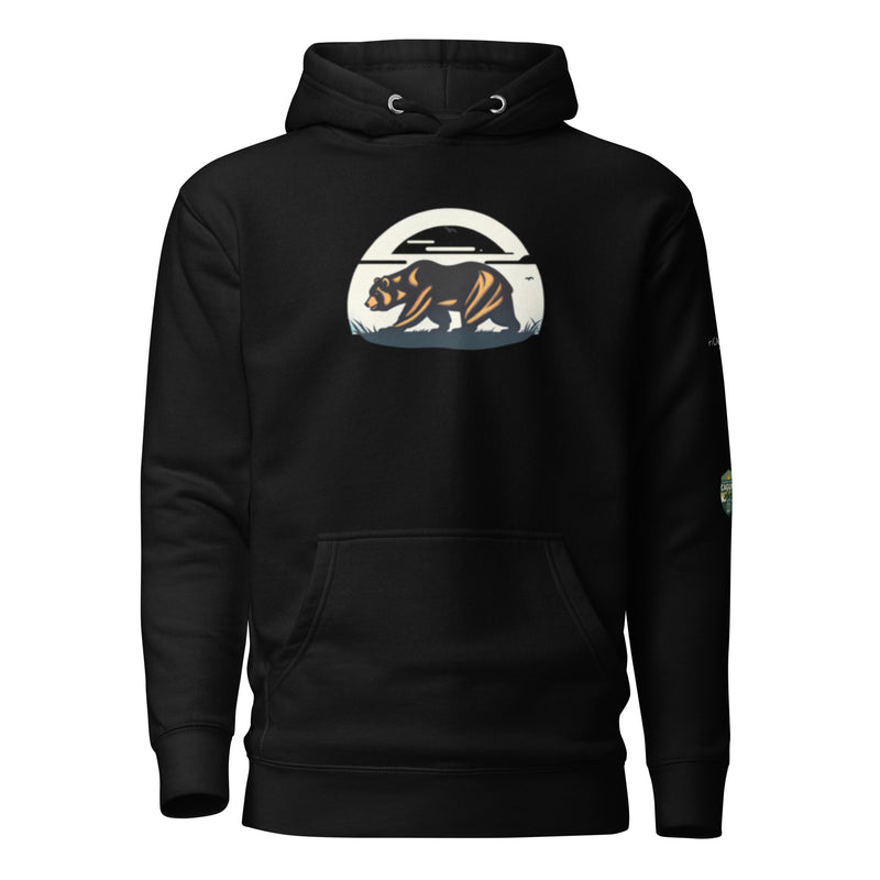 California Bear Hoodie in Black, front view with sunset bear badge