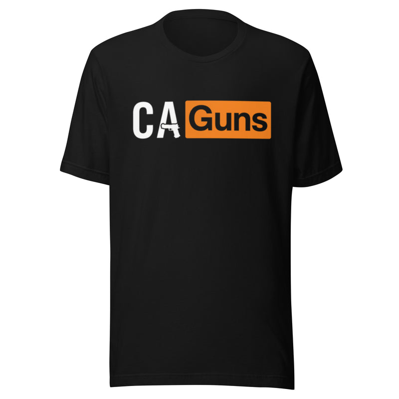 Taping Tee in Black, front view with CAGuns hub logo