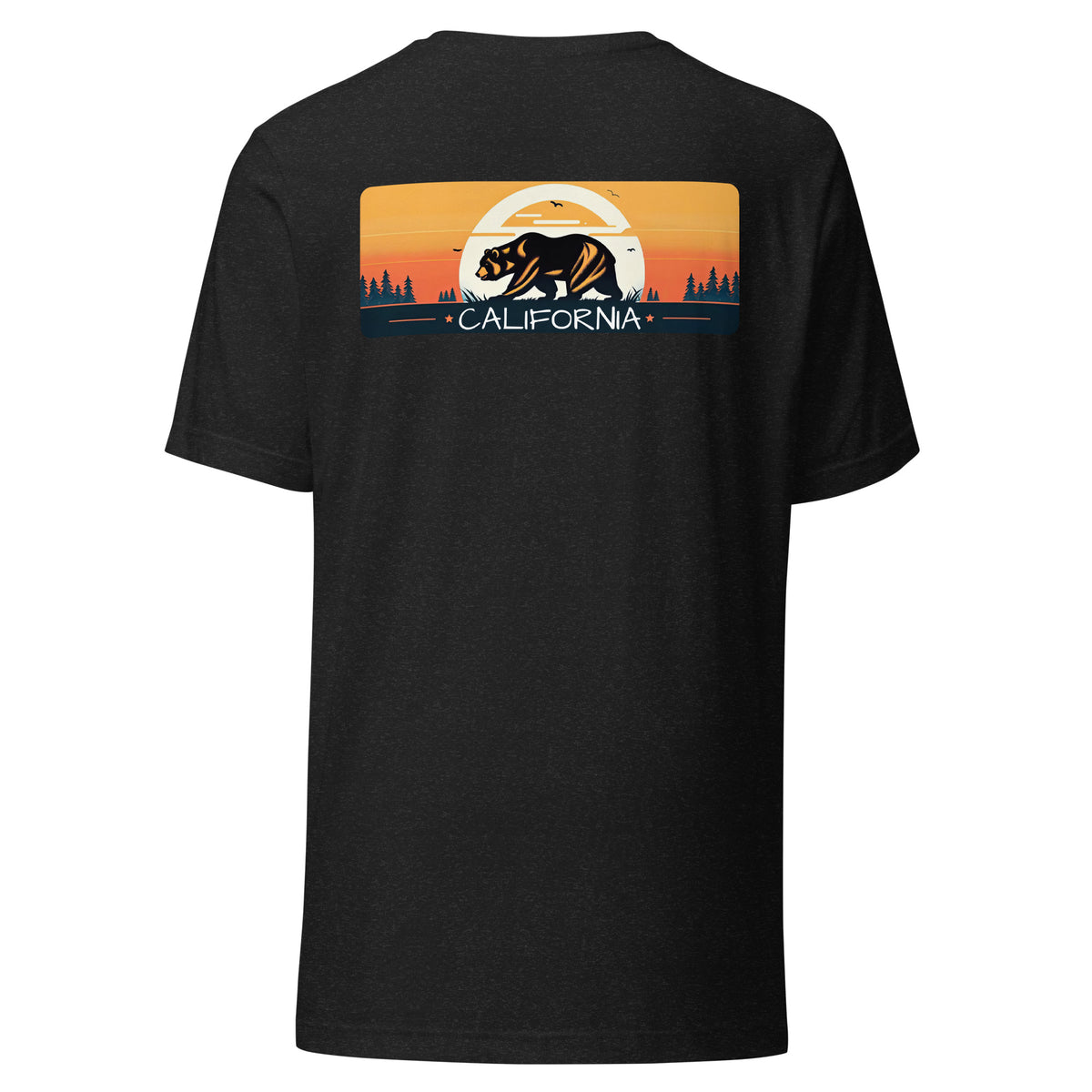 California Bear Tee in Black Heather, back view with California sunset bear panel