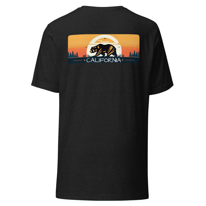 California Bear Tee in Black Heather, back view with California sunset bear panel