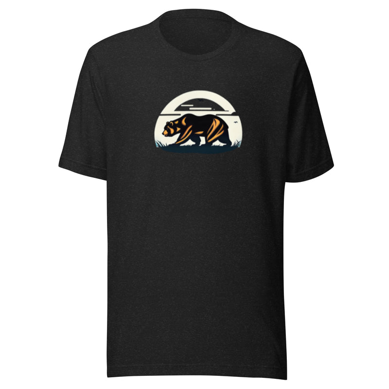 California Bear Tee in Black Heather, front view with sunset bear badge