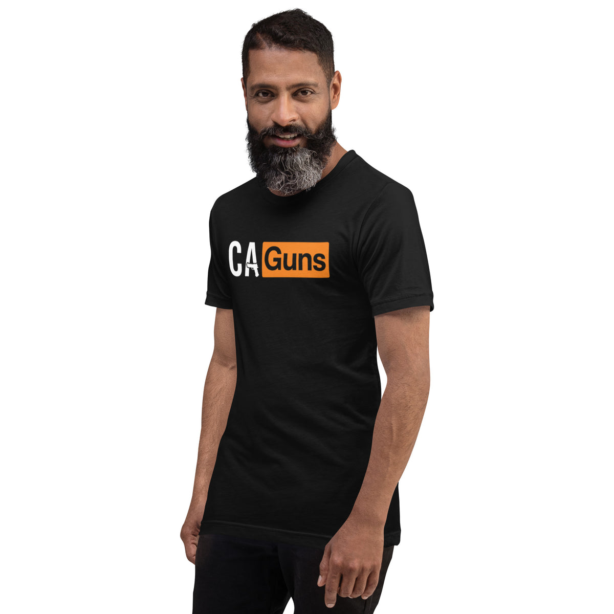 Taping Tee in Black, front left angle on model