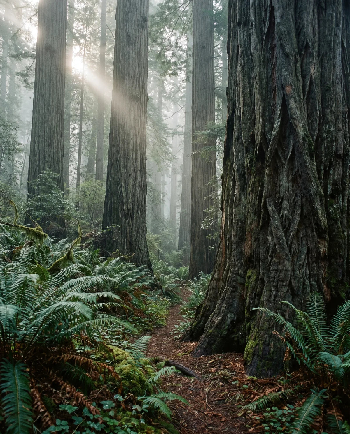 California coast redwoods and a fern-lined forest trail